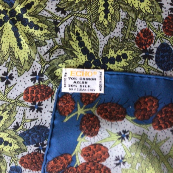Vintage ECHO pine cones & leaves scarf Japan 25” Square Blues & Greens - Picture 3 of 6